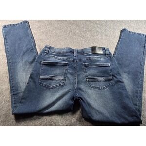 Artful Rebel Jeans Mens 34x32 Blue Faded Whiskered Zip Fly 5 Pocket Tapered Leg